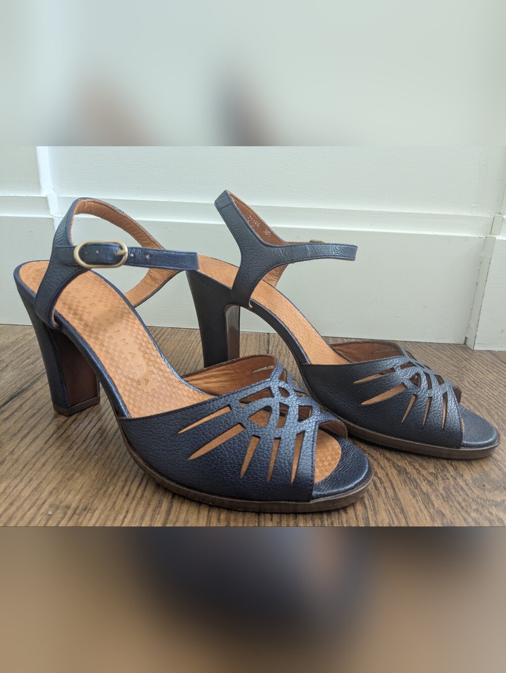 Chie Mihara Navy Leather Cutout Heel Sandal 38.5
